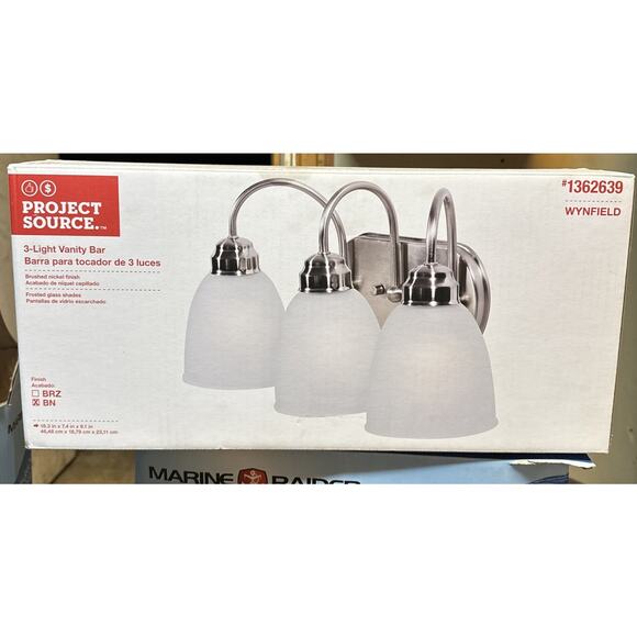 NEW Project Source #1362639 3 Light Bar-Brushed Nickel-White Milk Glass Wynfield - Picture 1 of 5